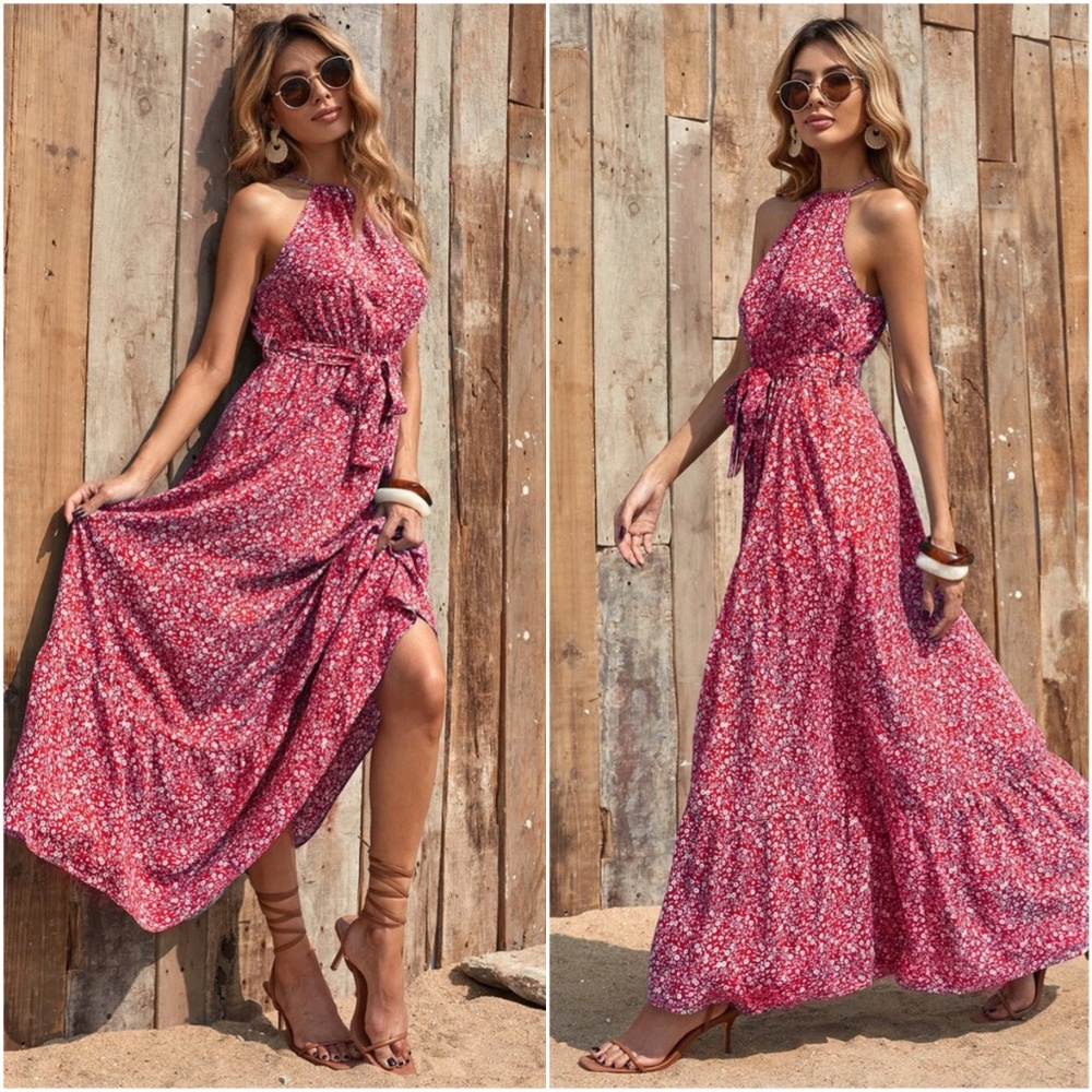 Boho Floral Print Halter Ruffle Maxi Dress Red - Picture 1 of 6